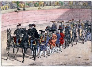 Salida de la cuadrilla, corrida en España, litografía sd. siglo XIX de Spanish School