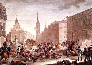 Disturbios contra las tropas napoleónicas, Madrid, mayo de 1808 (grabado en color) de Spanish School
