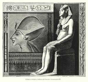 Estatua sentada y relieve del faraón egipcio antiguo Akenatón (Amenhotep IV) (litografía) de Spanish School