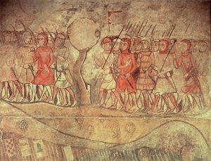 Soldados del ejército del rey Jaime I (1208-76) un grupo de soldados de a pie con arcos y lanzas, detalle de un mural del antiguo Palacio Reale, Barcelona (pintura mural)