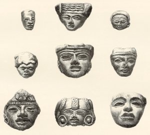 Cabezas y máscaras de piedra encontradas en Teotihuacan, México por Desiré Charnay durante su expedición en 1880-1883