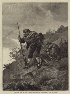 La Guerra Civil en España, centinelas carlistas vigilando al enemigo (grabado) de Spanish School