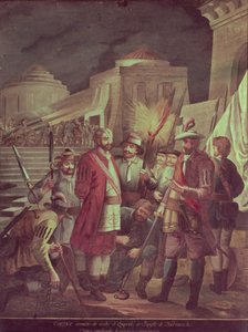 La Conquista de México: Hernando Cortés (1485-1547) ataca de noche el distrito de Pánfilo Narváez (óleo sobre lienzo)