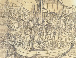 El descubrimiento del Nuevo Mundo por Cristóbal Colón (1450-1596) ilustración de la "Historia General de las Indias y Nuevo Mundo" de Francisco López de Gómara (n.1510) 1554 (grabado) de Spanish School