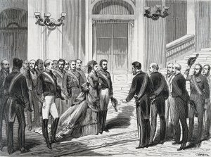 El Rey de España Amadeo I (Amedeo Ferdinando Maria di Savoia) y su esposa la Reina María Victoria dal Pozzo della Cisterna a su llegada al Palacio Real en Madrid el 19/03/1871. Grabado de "La Ilustración Española y Americana"