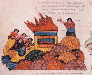 El profeta Elías ora en el Monte Carmelo para que el Dios de Israel sea vindicado ante los sacerdotes de Baal y cae fuego del cielo (I Reyes 18), fol.145v., de la Biblia visigoda-mozárabe de San Isidoro de Spanish School