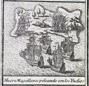 La muerte de Magallanes en una batalla con los indios de Spanish School