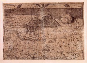 El levantamiento de Cataluña o la guerra de los segadores (1640-1659), el asedio de Barcelona por mar y tierra por las tropas de Felipe IV de España (1605-1665). Grabado 1652. Museo de Historia de la Ciudad, Barcelona de Spanish School