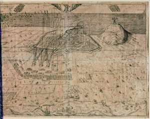 El asedio de la ciudad de Barcelona por las tropas del rey Felipe IV durante la Guerra de los Segadores de 1640-52 (grabado) de Spanish School