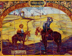 Azulejos que representan a Don Quijote y Sancho Panza preparándose para atacar los molinos (cerámica) de Spanish School