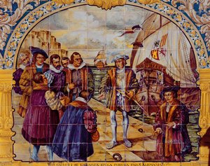Azulejos que representan al Rey Carlos I de España preparándose para embarcar en 1520 desde el puerto de La Coruña para aceptar su elección como Emperador del Sacro Imperio Romano (cerámica) de Spanish School