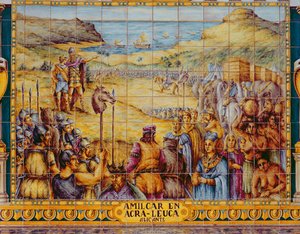 Azulejos que representan el desembarco de Amílcar y su hijo Aníbal en Akra Leuce durante la Primera Guerra Púnica (264-241 a.C.) de Spanish School