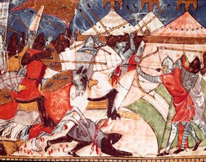 Guerra de Troya: los troyanos invaden el campamento militar de los guerreros griegos. (detalle) Miniatura del manuscrito español “Códice Benito de Santa Mora” de Spanish School