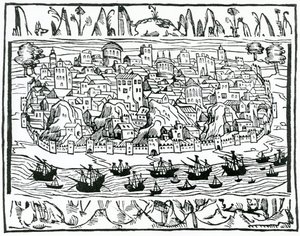 Vista de Lisboa del Libro de Grandezas y cosas Memoralder de España por Pedro Medina, 1548