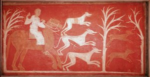 Escena de caza que representa perros corriendo tras la presa. 1150. Fresco del eremitorio de Baudelio de Berlanga, Soria. Conservado en el Museo del Prado de Spanish School