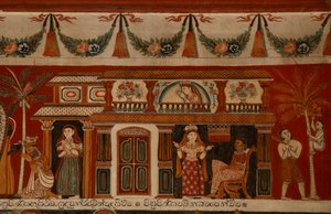 Pintura mural que representa una casa cingalesa en el Templo Subdharama, Dehiwala de Sri Lankan School