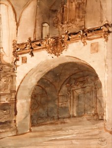 Interior de la iglesia. Vista del vestíbulo y el coro musical de Stanisław Noakowski