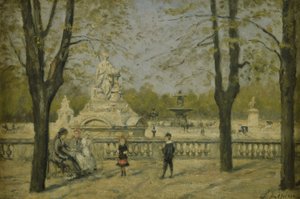Plaza de la Concordia, vista desde la terraza de las Tullerías, hacia 1880 (óleo sobre madera) de Stanislas Victor Edouard Lepine