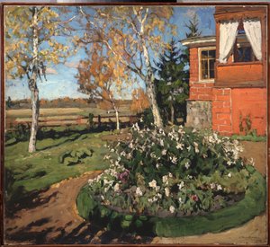 Un piso florido (frente a una casa y un paisaje campestre). Pintura de Stanislav Yulianovich Zhukovsky (1873-1944), óleo sobre lienzo