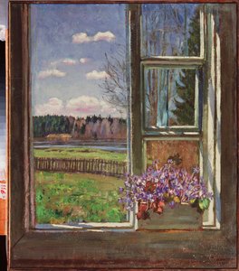 Violetas frente a la ventana. Pintura de Stanislav Yulianovich Zhukovsky (1873-1944), óleo sobre lienzo 1931. Arte ruso, siglo XX, arte moderno. Museo Estatal de Arte, Dnepropetrovsk (Ucrania).