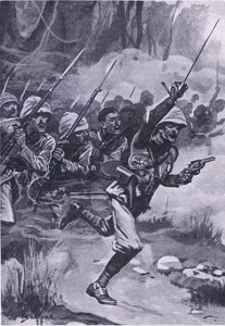 Carga británica contra los Ashantis en Amoaful, 31 de enero de 1874, ilustración de British Battles on Land and Sea, 1915 de Stanley L. Wood