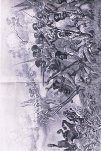 Chilianwala, 13 de enero de 1849: La brigada de Goddy haciendo una valiente resistencia cuando fue rodeada por los sijs, ilustración de British Battles on Land and Sea, 1915