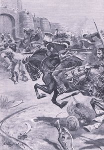 Los lanceros del 16º y el caballo de Skinner empujando a los Jats hacia Bharatpur; diciembre de 1825, ilustración de British Battles on Land and Sea, 1915