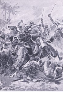 Caballería voluntaria fuera de Lucknow, 30 de junio de 1857, ilustración de British Battles on Land and Sea, 1915 de Stanley L. Wood