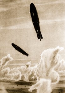 Zepps en Patrulla del Mar del Norte, ilustración de "Flying Memories" de John Hamilton de Stanley Orton Bradshaw