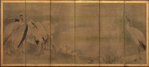 Grullas y crisantemos, período Momoyama o Edo, 1568-1868 de Sôtatsu