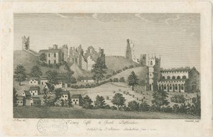 Castillo y iglesia de Tutbury - Vista sureste: grabado, nd [1762-1792] de Stebbing Shaw