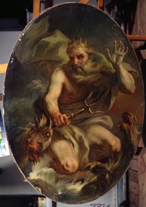 Neptuno (Poseidón) con corona y tridente representado con monstruos marinos (Neptuno). Pintura de Stefano Torelli (1712-1784). Óleo sobre tela