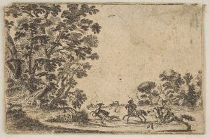 Placa 4: una cacería de ciervos, dos jinetes galopando hacia la derecha detrás de tres perros, después de 1642 de Stefano della Bella