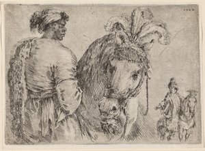 Un hombre negro alimentando un caballo, probablemente 1662