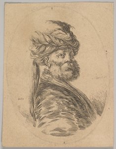 Un hombre turco con barba y turbante con una pluma larga en el frente, girado tres cuartos, 1650