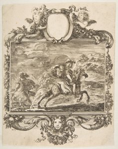 Un caballero y una dama a caballo, dentro de un borde ornamentado decorado con frutas de Stefano della Bella