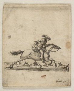 Jinete con espada en mano galopando hacia la derecha, otros jinetes galopando..., ca. 1645-46 de Stefano della Bella