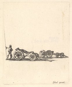 Un mortero y un cañón, ambos montados en carruajes, un soldado mostrado de espaldas, ca. 1638-43
