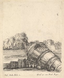 Un mortero sin carro tumbado en el suelo a la derecha, soldados disparando cañones, ca. 1638-43