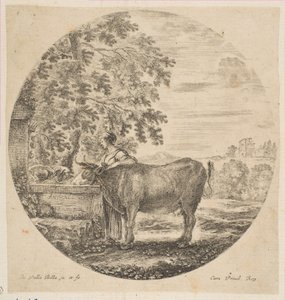 Una campesina con una vaca en una fuente decorada con los brazos de los Medici, ca. 1646 de Stefano della Bella