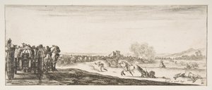 Procesión de carruajes de cañones tirados por caballos hacia la izquierda, jinetes en combate y un caballo muerto..., ca. 1641 de Stefano della Bella