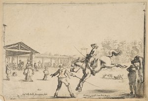 Una escuela de equitación, un jinete con espada saltando dirigido por otro hombre con una espada, ca. 1645 de Stefano della Bella