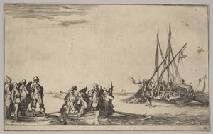 Un bote lleno de hombres en el centro, un grupo de hombres de pie en la orilla a la izquierda, un barco lleno de..., 1639
