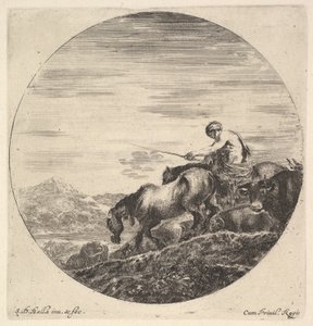 Un pastor a la derecha, mirando a la izquierda, conduciendo un grupo de animales cuesta abajo, una composición redonda..., ca. 1643-48 de Stefano della Bella