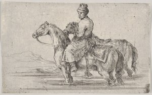 Un ayuda de cámara llevando dos caballos a bañarse, sentado sobre uno en un río, el otro al lado..., ca. 1662
