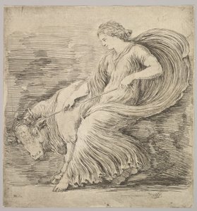 Una mujer de perfil tirando de una cuerda atada alrededor de los cuernos de un joven toro, ca. 1660 de Stefano della Bella