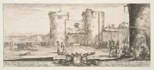 Entrada a una fortaleza en el centro, una mujer con un niño sentada junto a un fuego a la derecha, ca. 1641