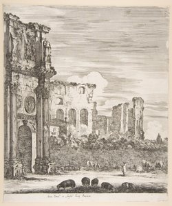 Arco de Constantino y Coliseo con ovejas pastando en primer plano, de Seis vistas grandes..., 1656