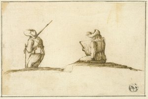 Artista dibujando y soldado, ambos vistos de espaldas de Stefano della Bella