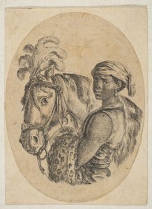 Esclavo negro lleva una piel de leopardo y sostiene las riendas de un caballo, de Varias cabezas..., 1649-50 de Stefano della Bella